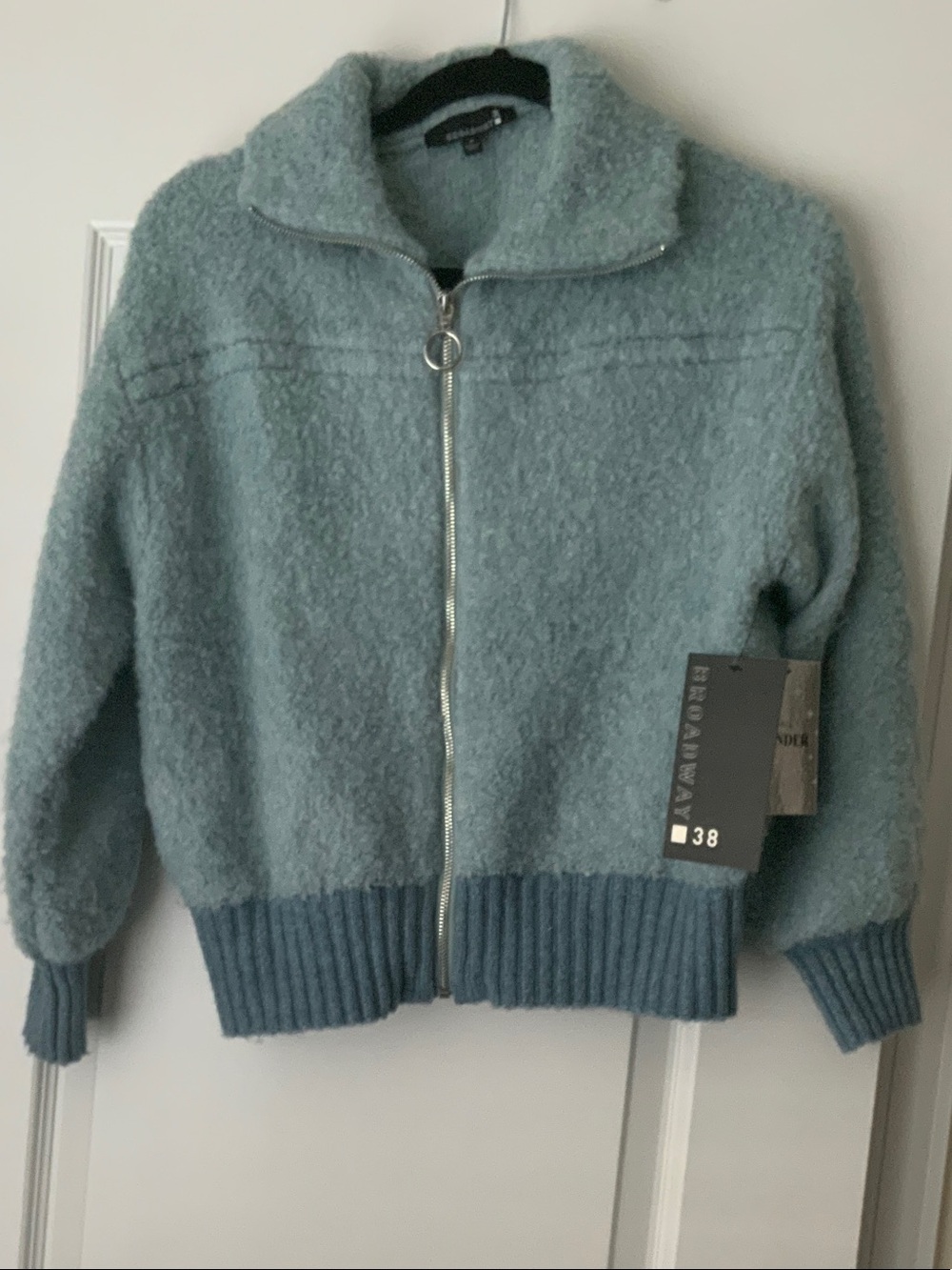 Light Teal Zip-Front Bouclé Sweater Jacket